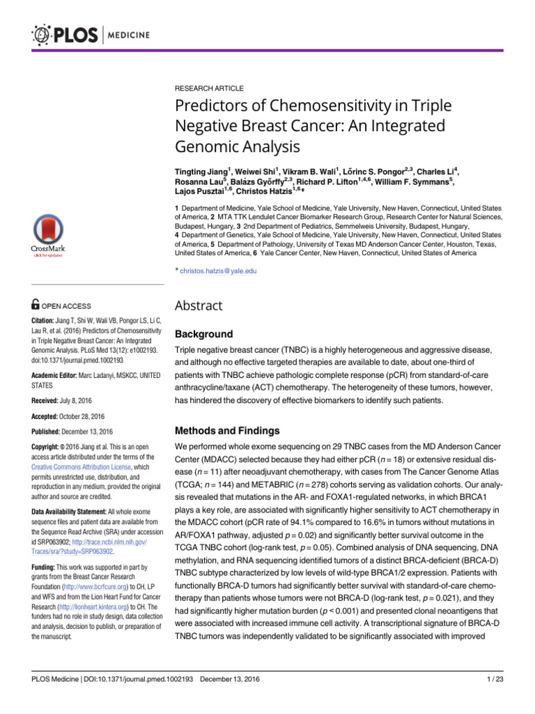 Jiang Et Al - 2016 - Predictors of Chemosensitivity in Triple Negative ...