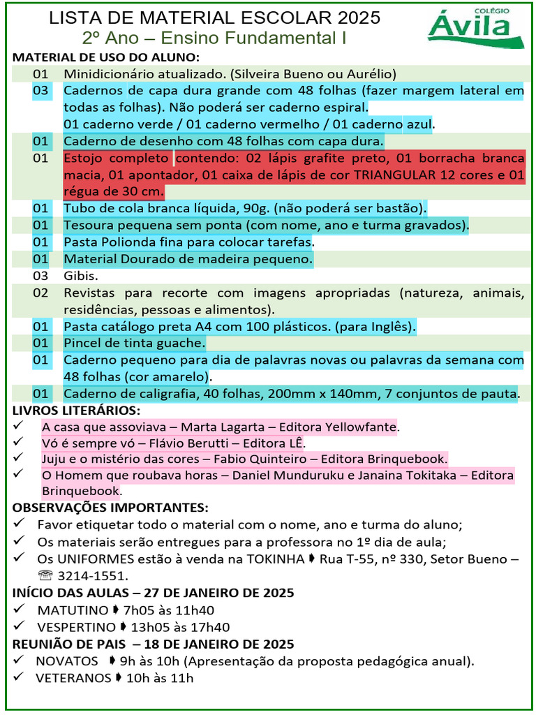 Material Escolar 2025 - 2º Ano Ensino Fundamental | PDF | Lápis ...