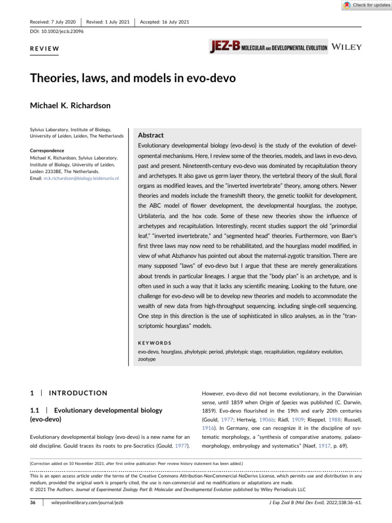 Evo Devo Richardson 2021 | PDF | Evolutionary Developmental Biology ...