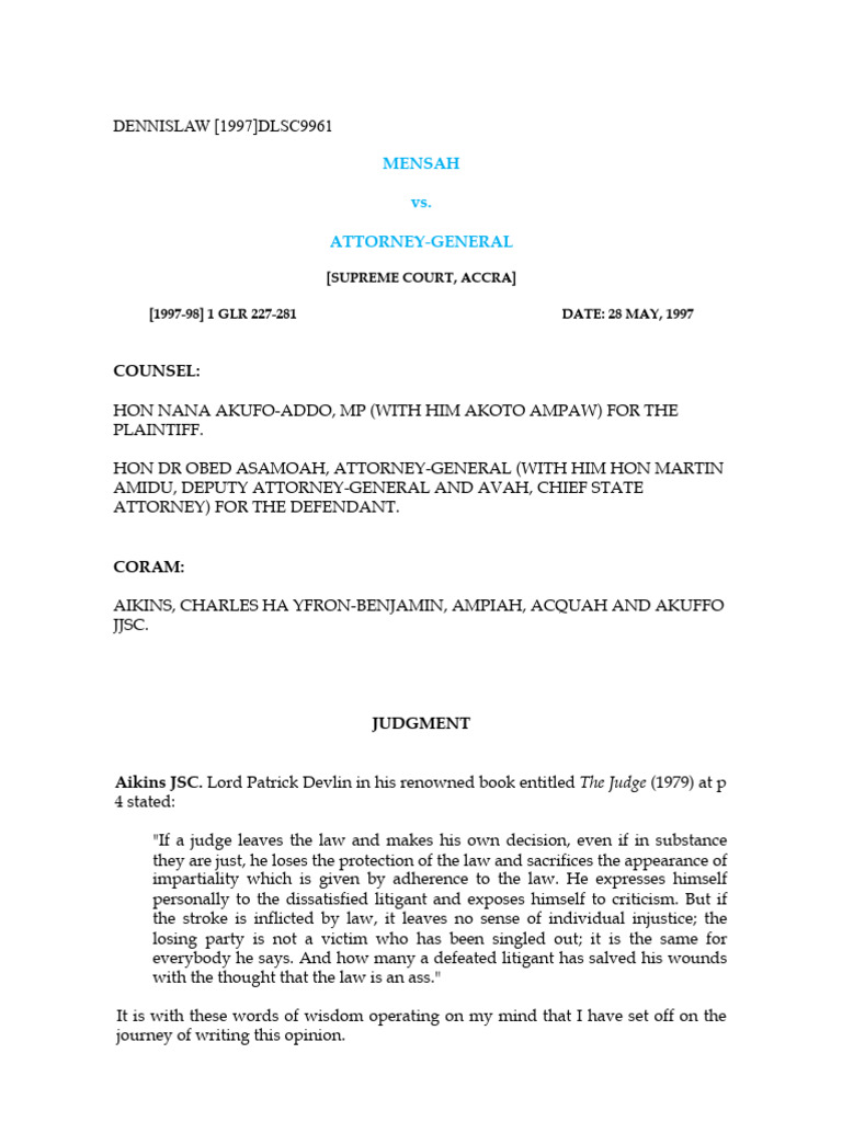 Mensah vs. Attorney-General Case Summary | PDF | Parliament Of The ...