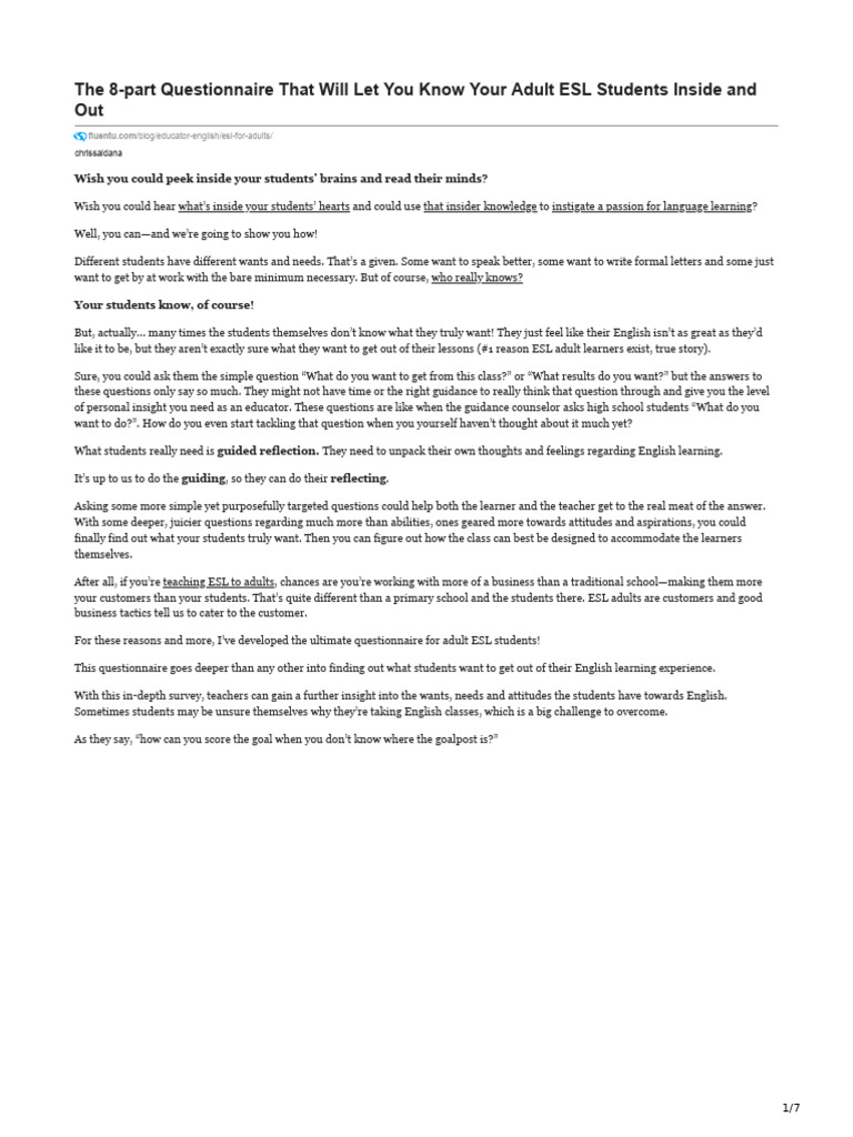 Essential ESL Questionnaire for Adults | PDF | English As A Second Or ...