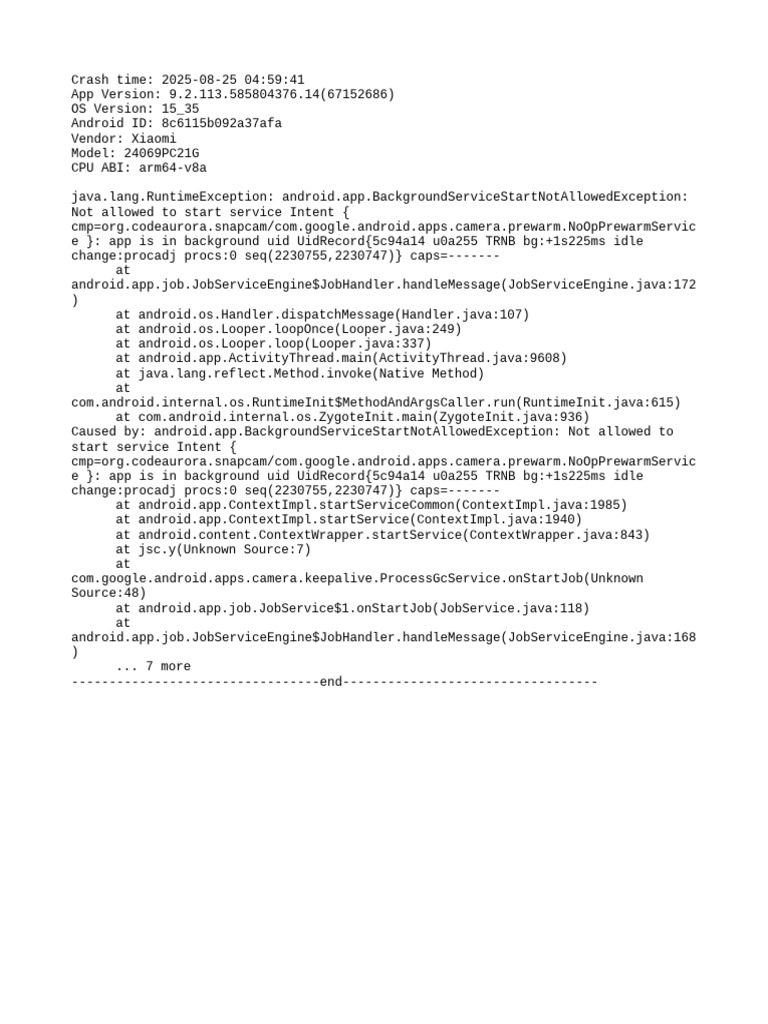 Android Crash Report: Background Service Error | PDF