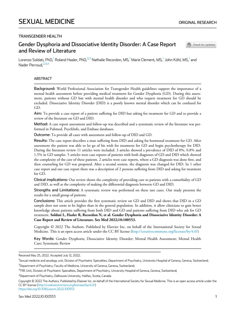 Gender Dysphoria and Dissociative Identity Disorder Insights | PDF ...