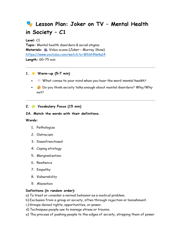 Joker & Mental Health: Lesson Plan C1 | PDF | Mental Health | Mental ...
