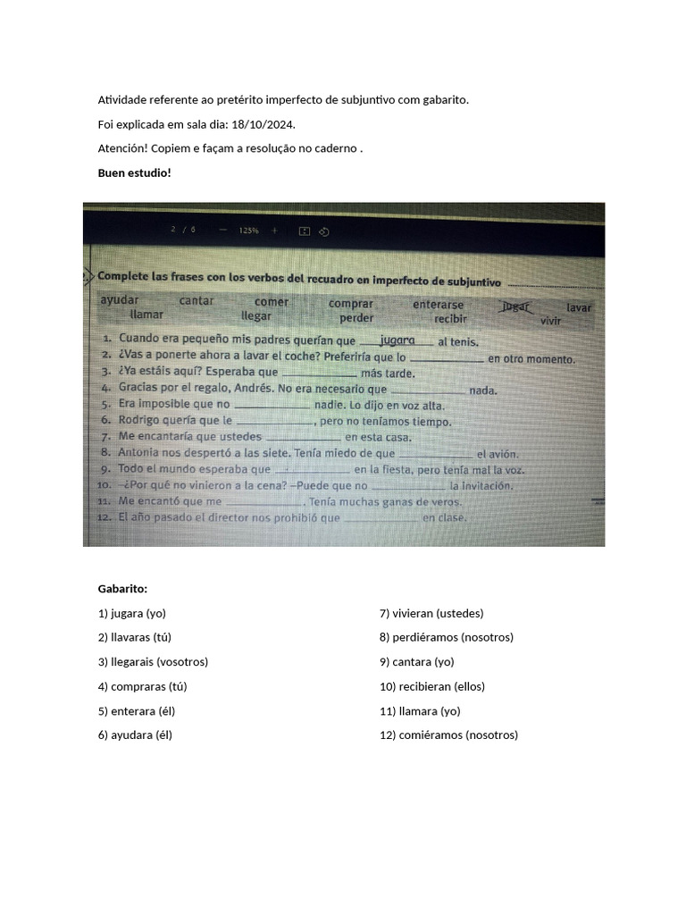 Ejercicios de Pretérito Imperfecto Subjuntivo | PDF