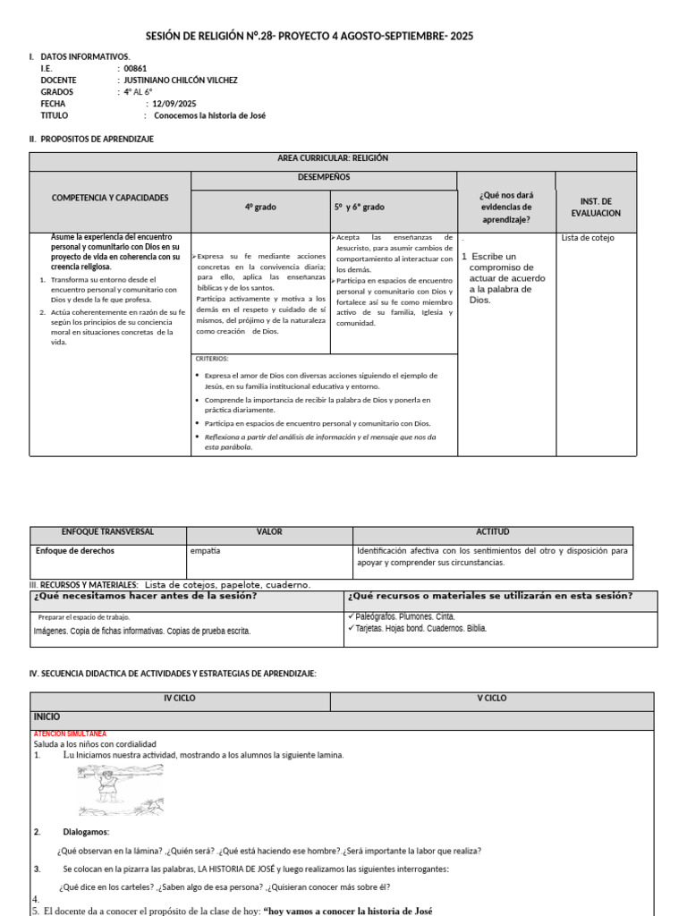 SESION RELG La Historia de José | PDF