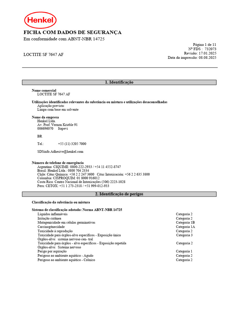 Ficha de Segurança do LOCTITE SF 7647 AF | PDF | Brasil
