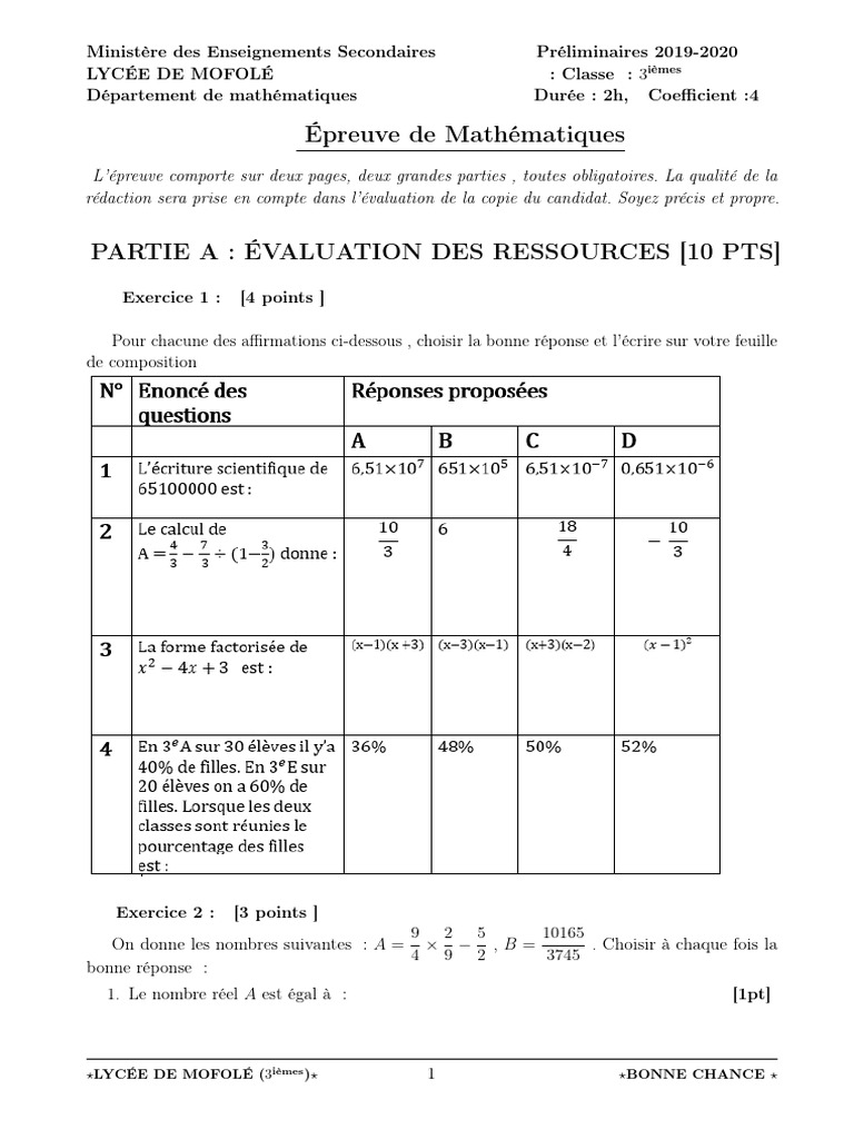Épreuve de Mathématiques 3ème 2019-2020 | PDF | Mathématiques ...