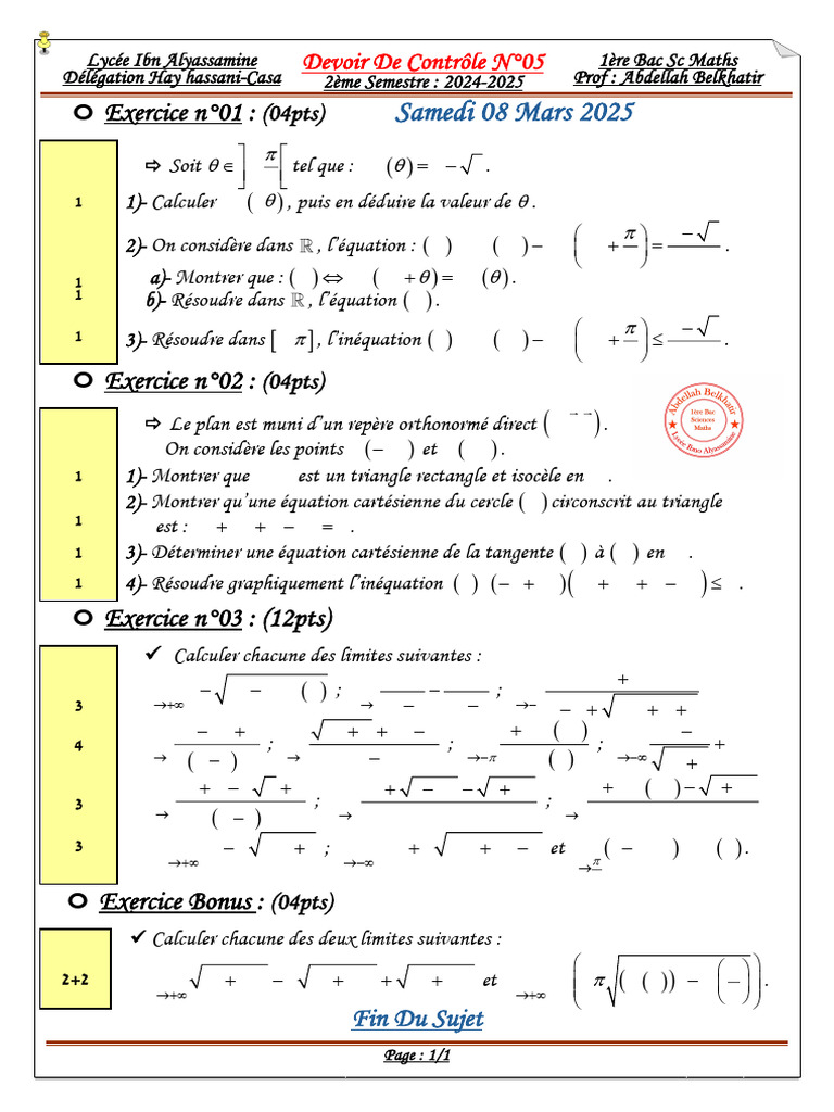 Devoir Maths Bac Sc 2025 | PDF | Triangle | Cercle