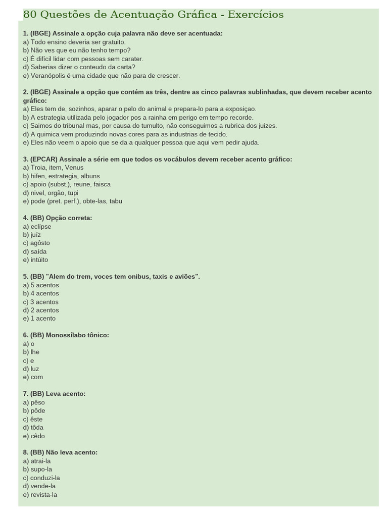 80 Questões de Acentuação Gráfica | PDF | Estresse (Linguística) | Sílaba