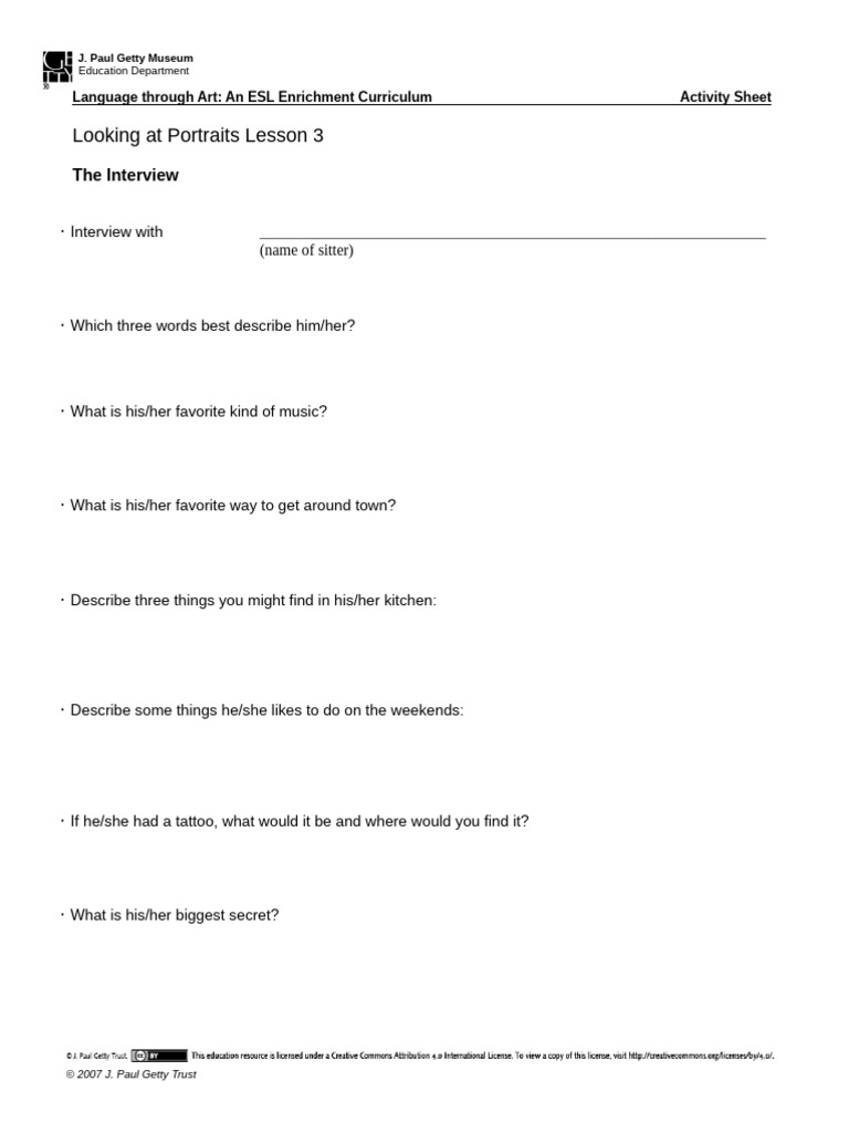 ESL Art Curriculum: Portrait Interviews | PDF