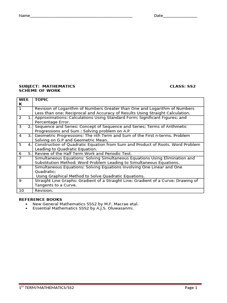 1ST Term S2 Mathematics | PDF | Logarithm | Quadratic Equation