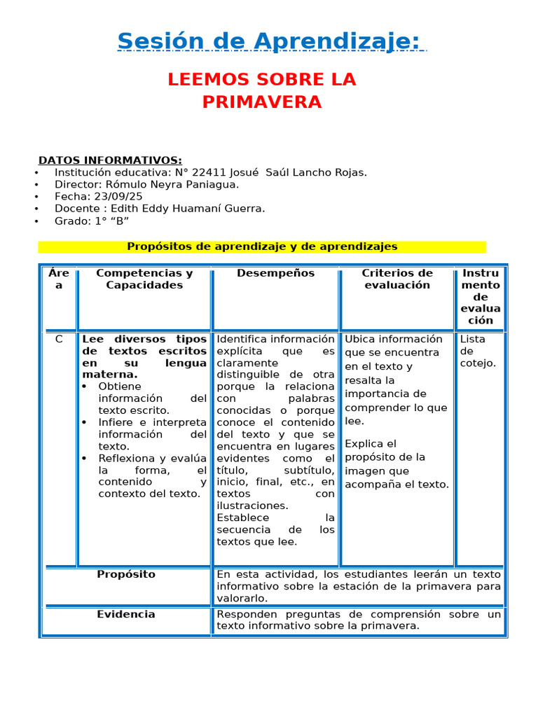 Actividades de Lectura sobre la Primavera | PDF | Temporada de ...