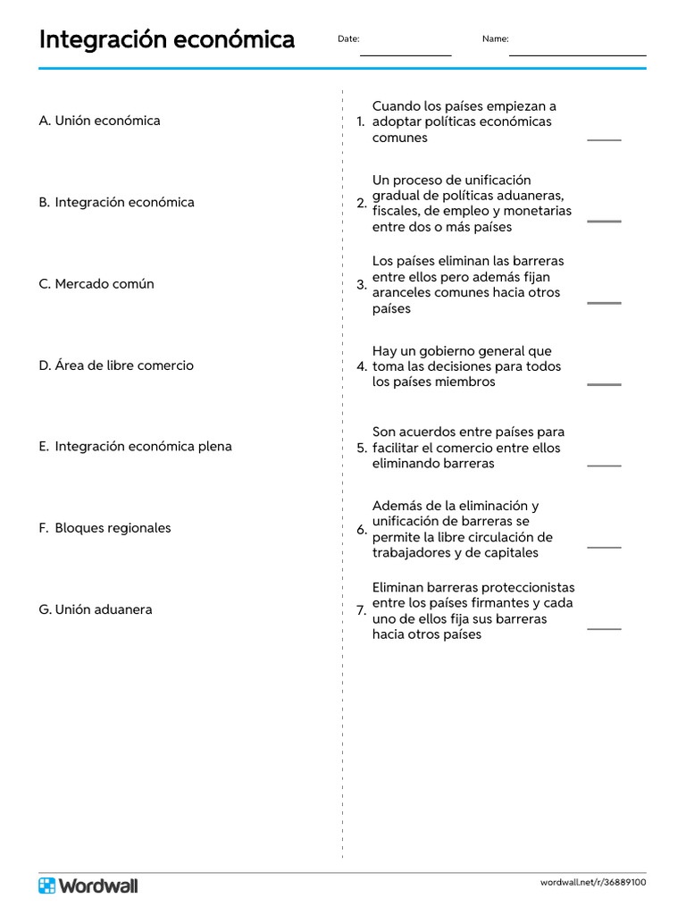 Integración Económica Match Up Write The Answer | PDF