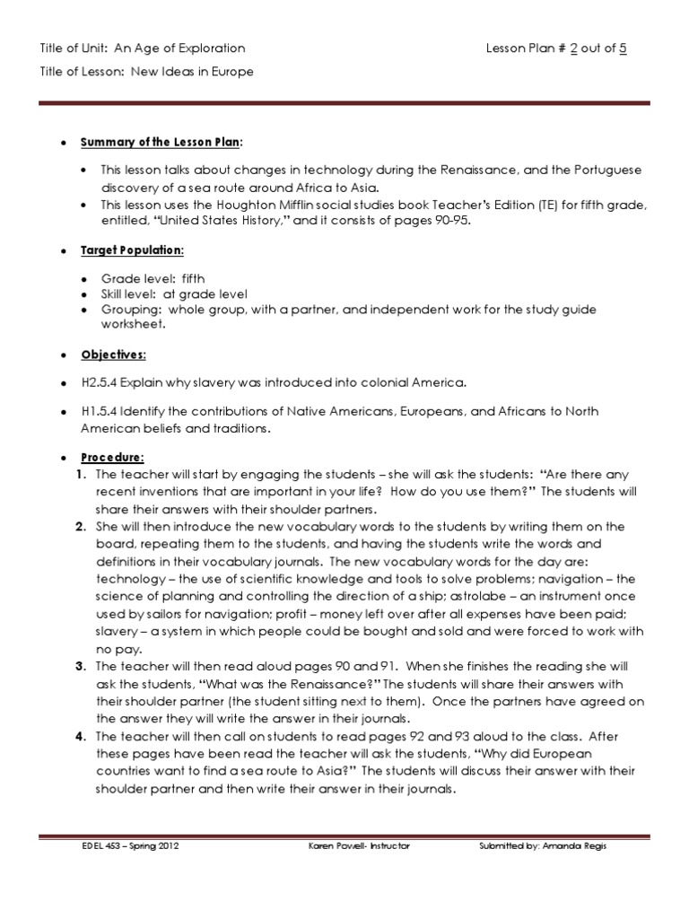 EDEL453 Spring 2012 History DayTwo | PDF | Lesson Plan | Reading (Process)