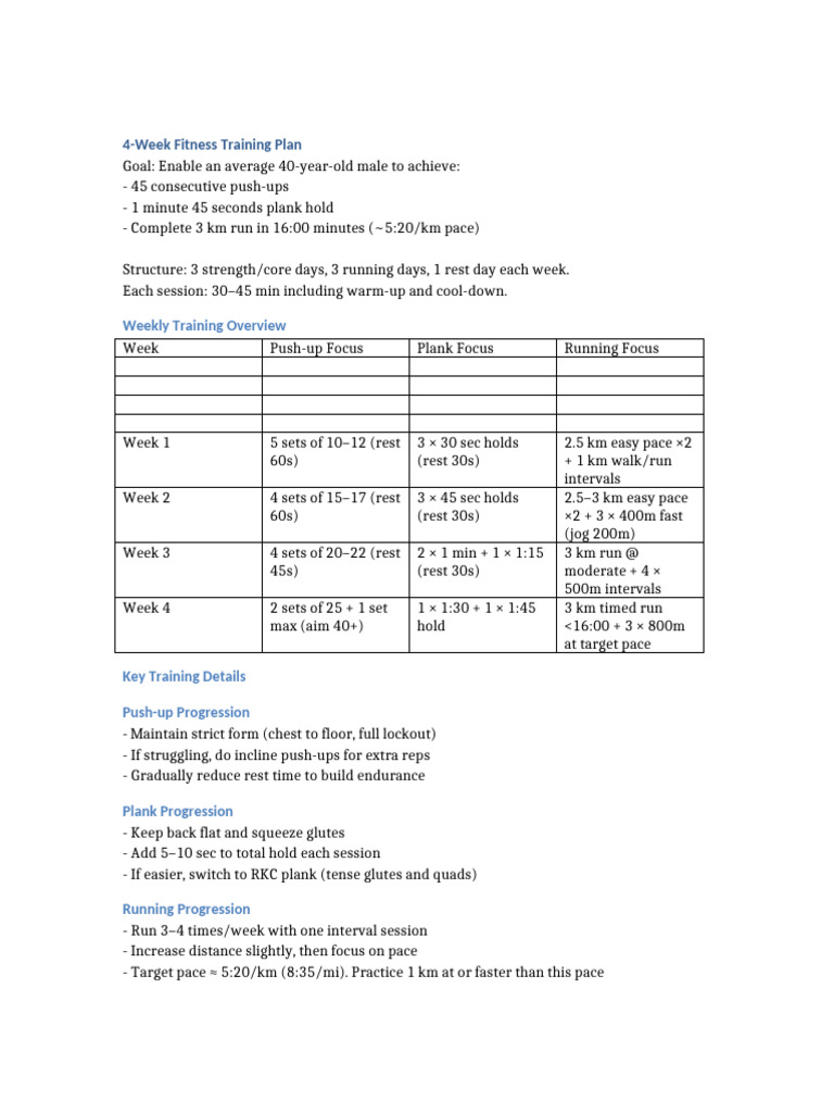 4-Week Fitness Training Plan | PDF | Physical Fitness | Physical Exercise