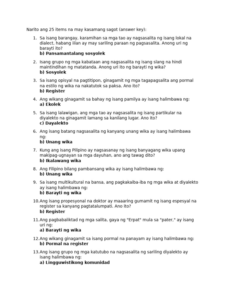 Narito Ang 25 Items Na May Kasamang Sagot | PDF
