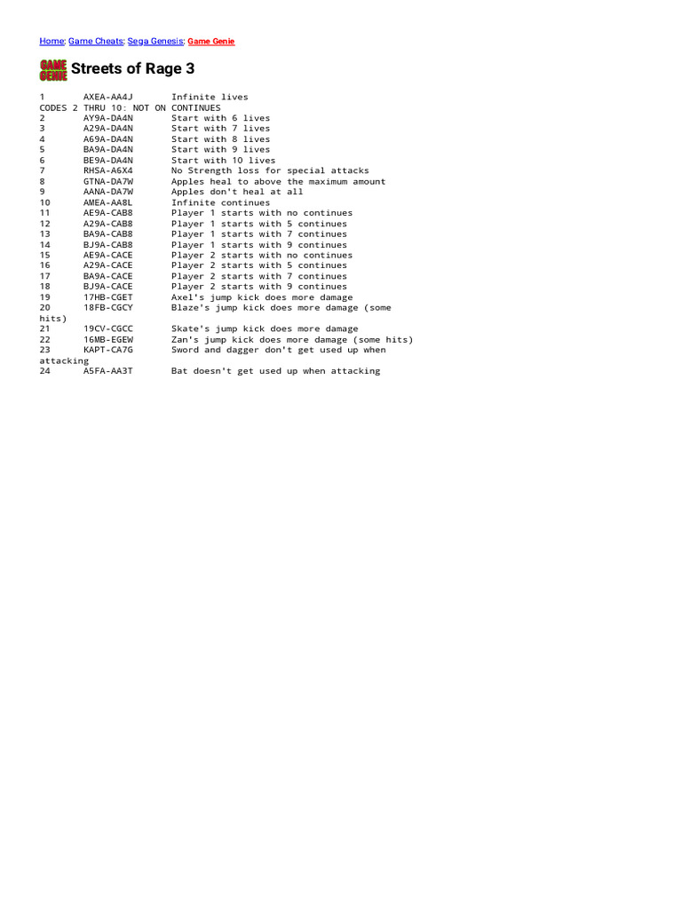 Codes - Streets of Rage - 3 | PDF