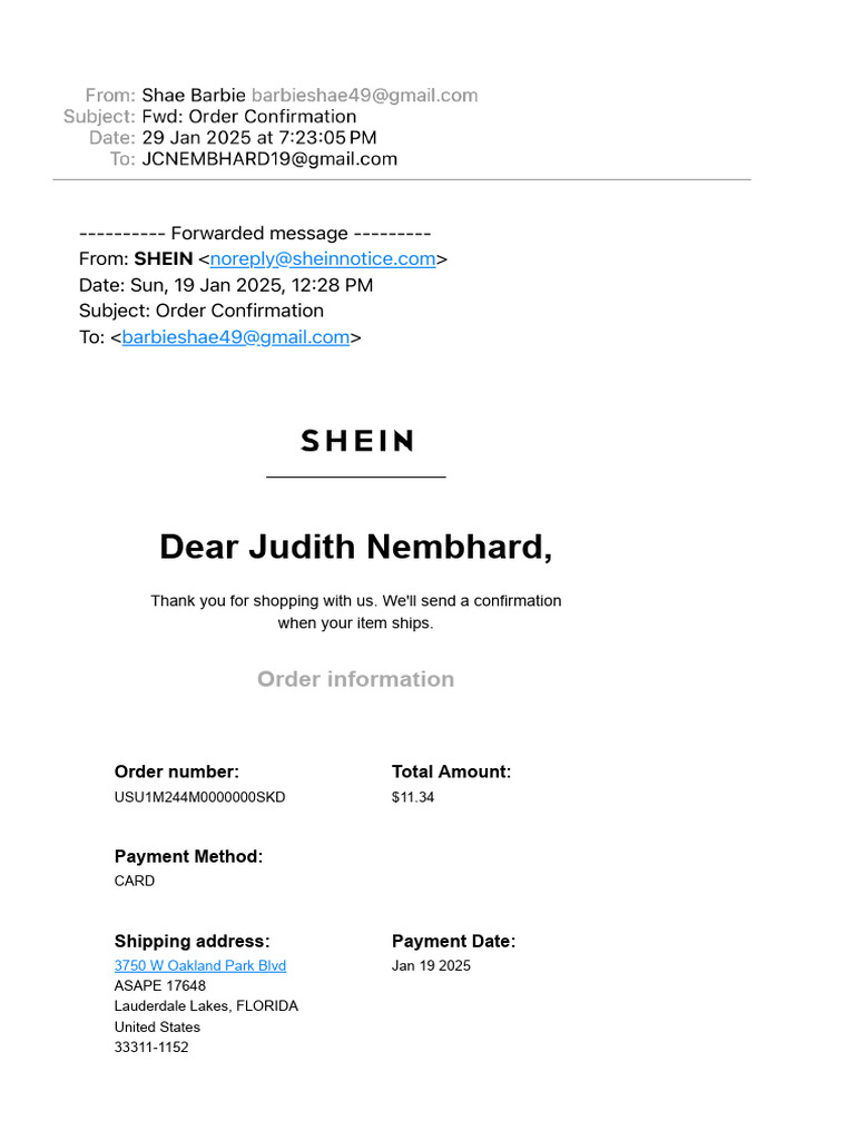 SHEIN Order Confirmation Details | PDF