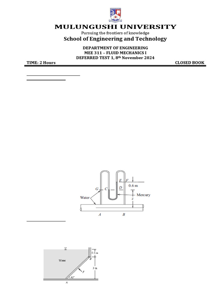 MEE 311 Test 1 - Deferred | PDF | Pressure | Pressure Measurement
