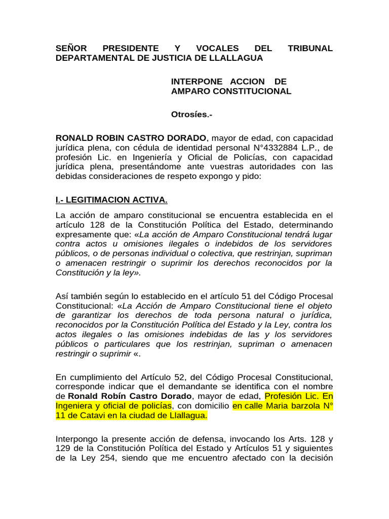 Amparo Constitucional de Ronald Castro | PDF | Debido al proceso | Caso ...