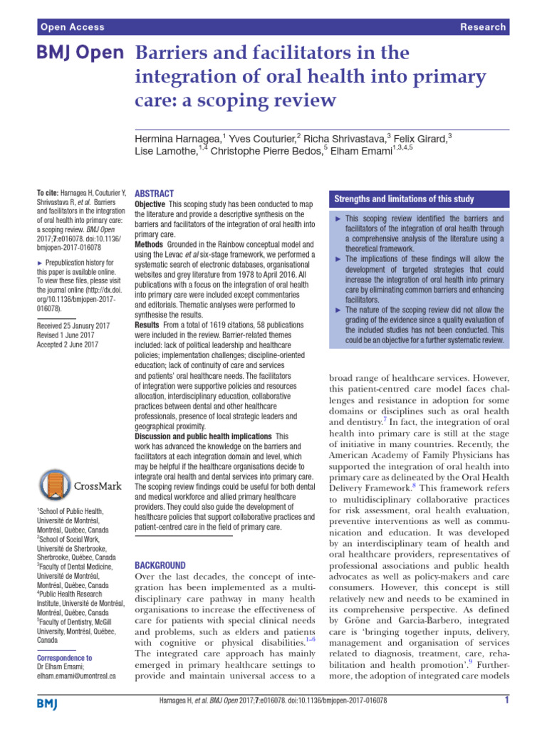 Barriers and Facilitators of Oral Health Integration | PDF | Systematic ...