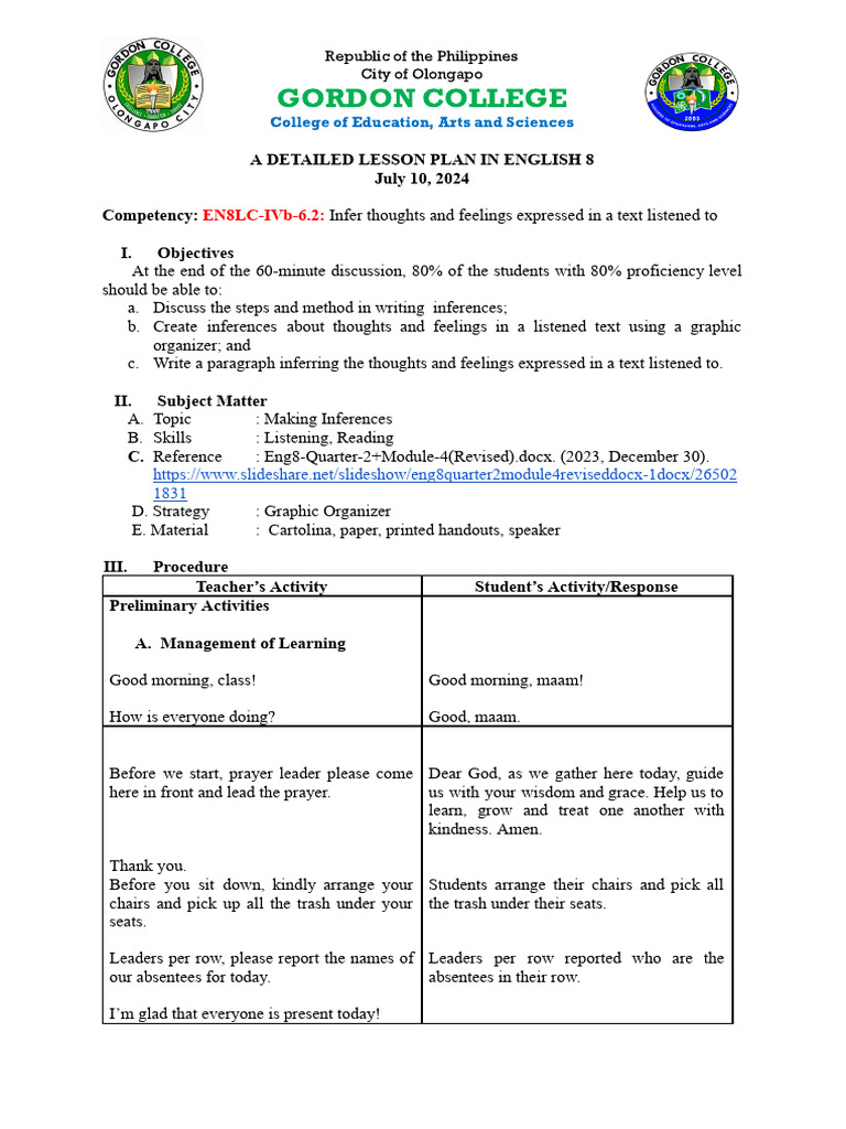 English 8 Lesson Plan: Making Inferences | PDF | Inference | Thought
