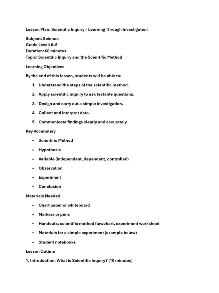 Scientific Inquiry Lesson Plan | PDF | Scientific Method | Experiment