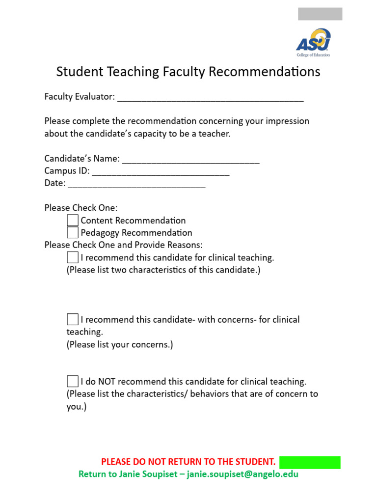 Student Teaching Recommendation Form | PDF