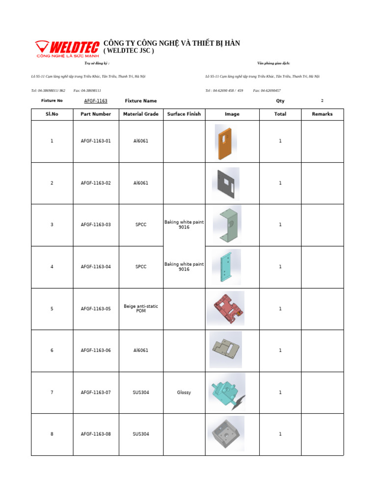 Weldtec JSC Fixture Inventory List | PDF