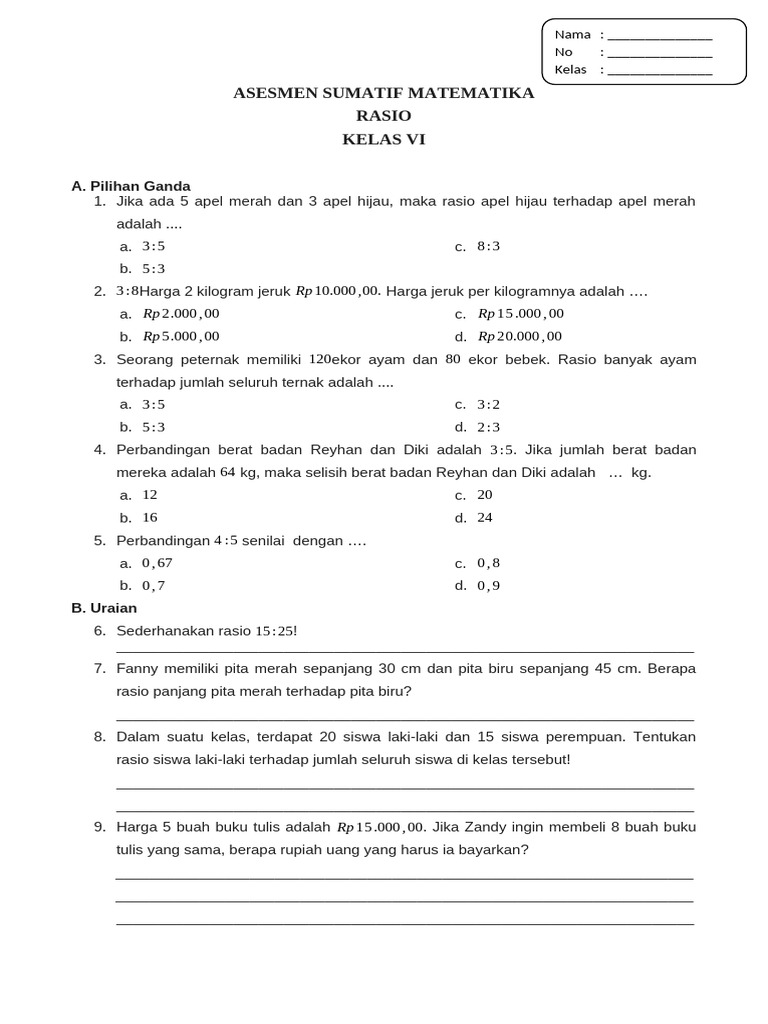 Rasio dalam Soal Matematika Kelas VI | PDF