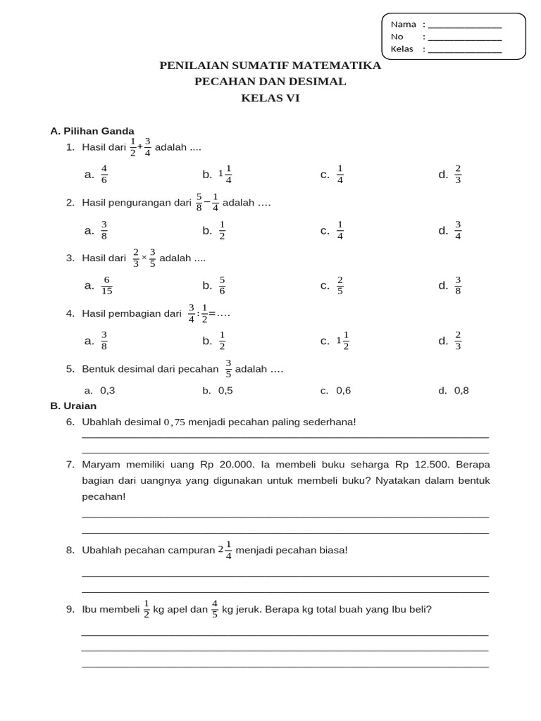 Penilaian Matematika Kelas VI: Pecahan & Desimal | PDF