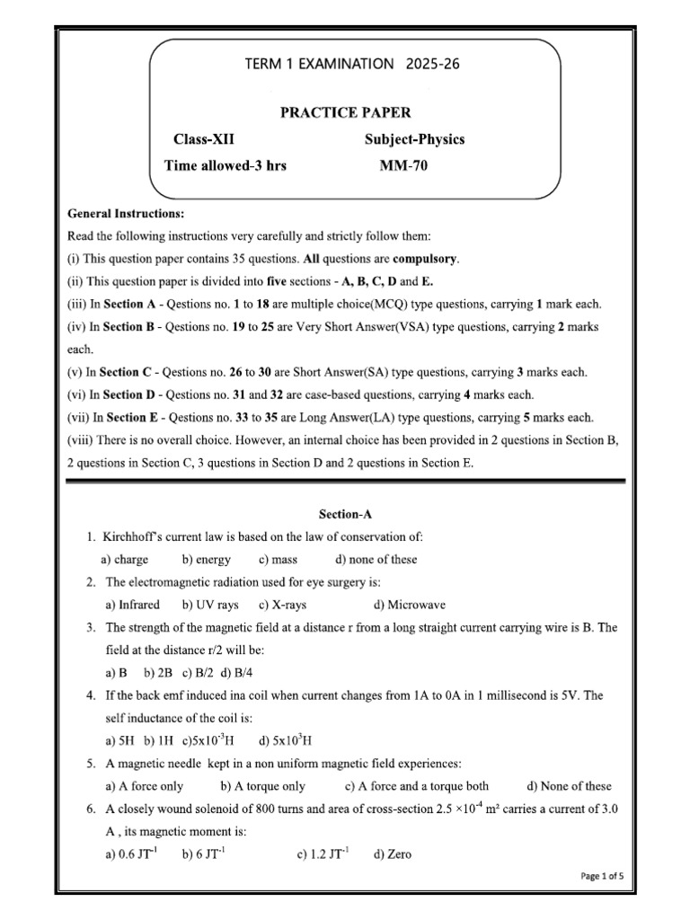 Phy 12 Practice Paper For Term 1 Examination | PDF