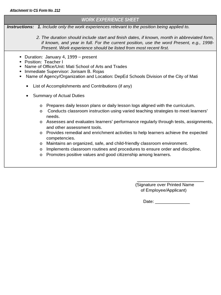 Teacher I Work Experience Sheet | PDF