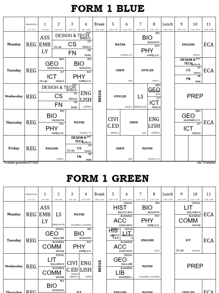 Form 1 Timetable for 2025 | PDF