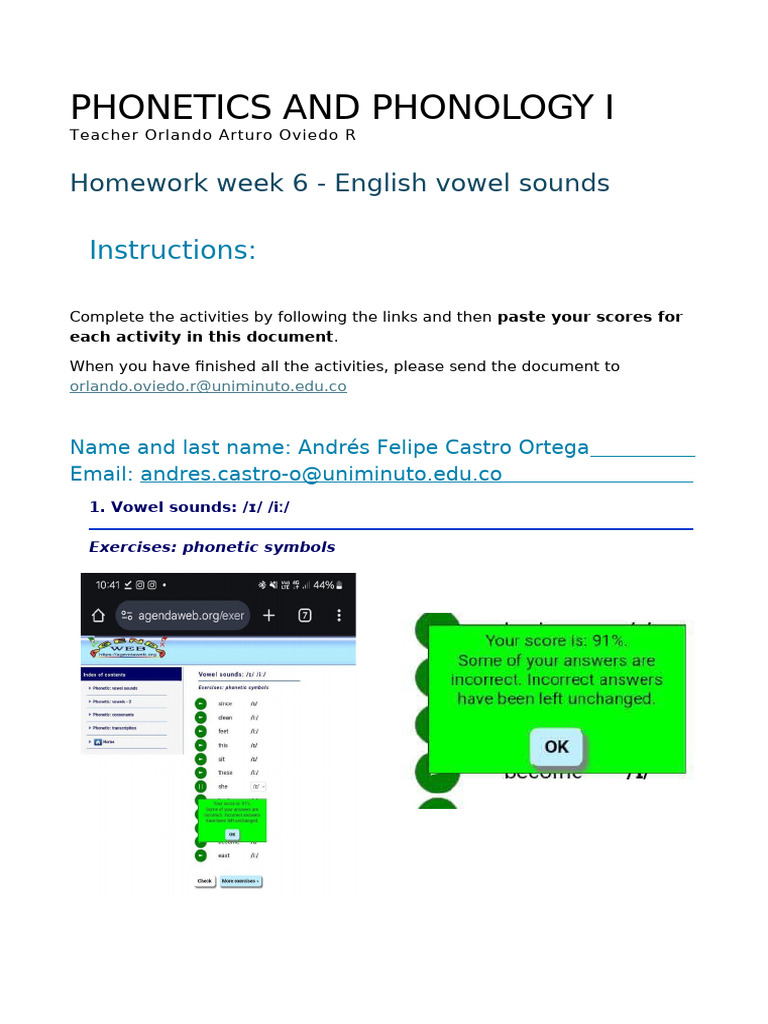 English Vowel Sounds Homework Week 6 | PDF