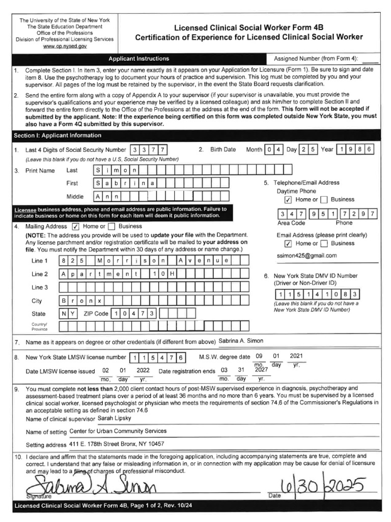 S. Simon - LCSW Form 4b (SL) | PDF