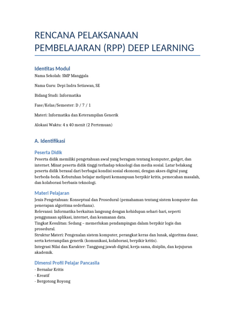 RPP Deep Learning untuk SMP Manggala | PDF