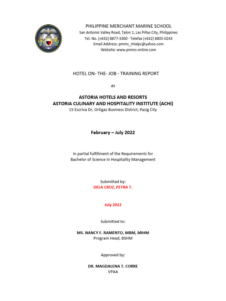 Hotel Training Report at Astoria Resorts | PDF