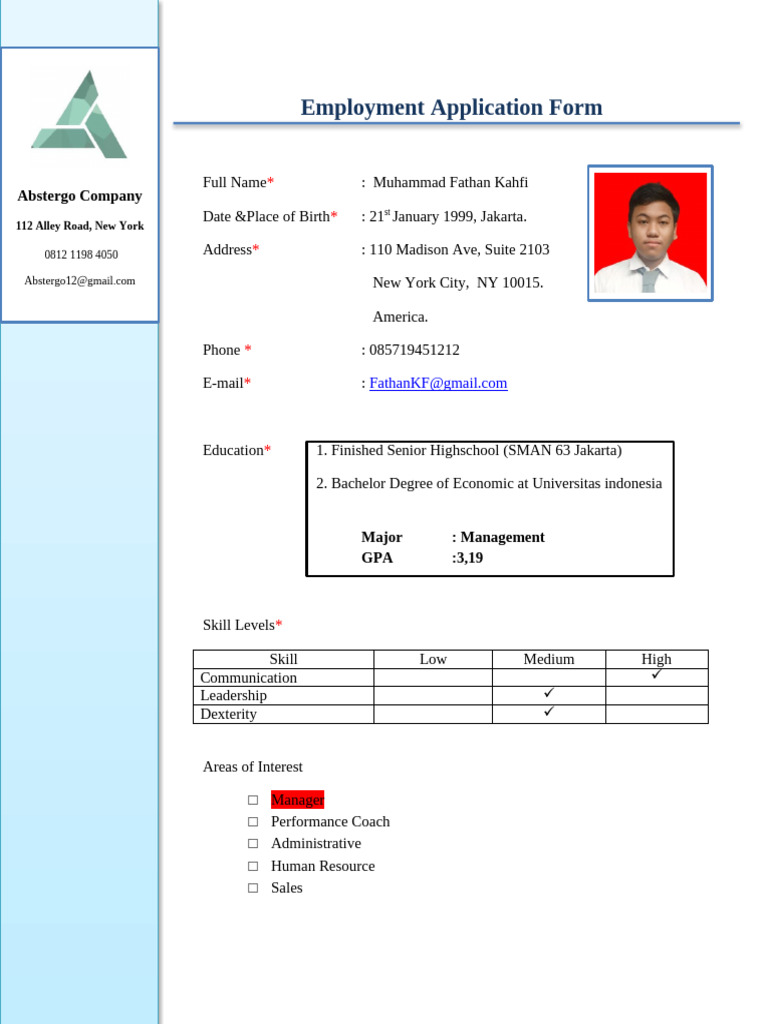 Employment Application for Muhammad Kahfi | PDF