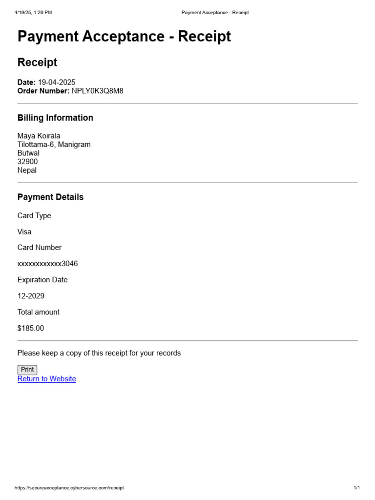 Payment Receipt for Visa Transaction | PDF
