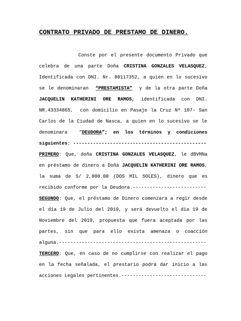 Contrato Privado de Prestamo de Dinero | PDF