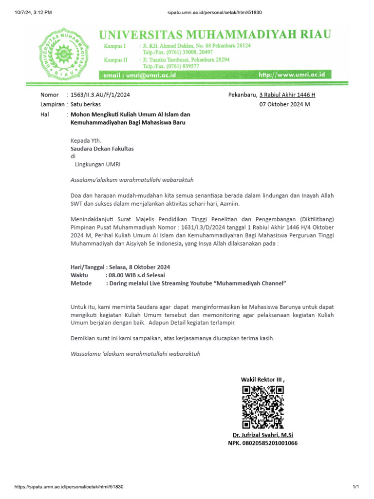 Kuliah Umum AIK Bagi Mahasiswa Baru UMRI | PDF