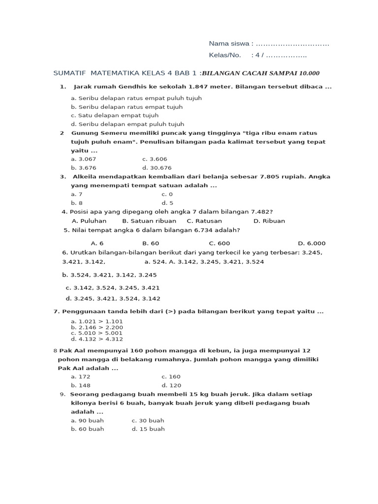 Soal Matematika Kelas 4: Bilangan Cacah | PDF