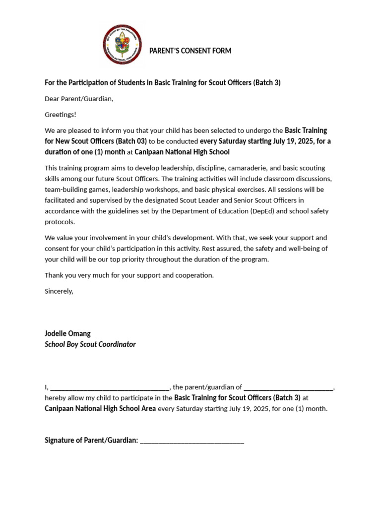 Parent Consent for Scout Training Batch 3 | PDF