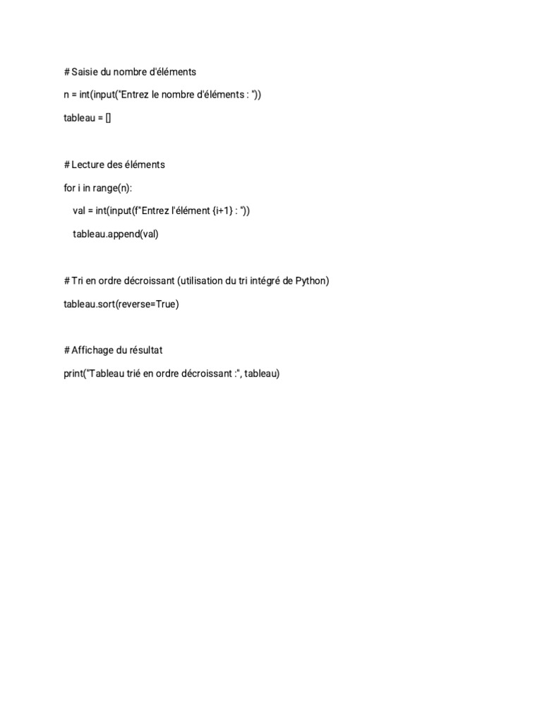 Tri décroissant d'un tableau en Python | PDF