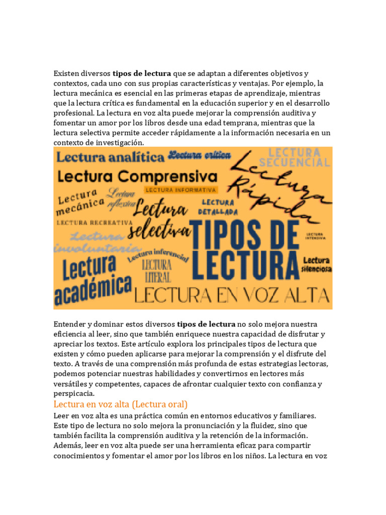 Tipos de Lectura y sus Beneficios | PDF | Aprendizaje | Comprensión lectora