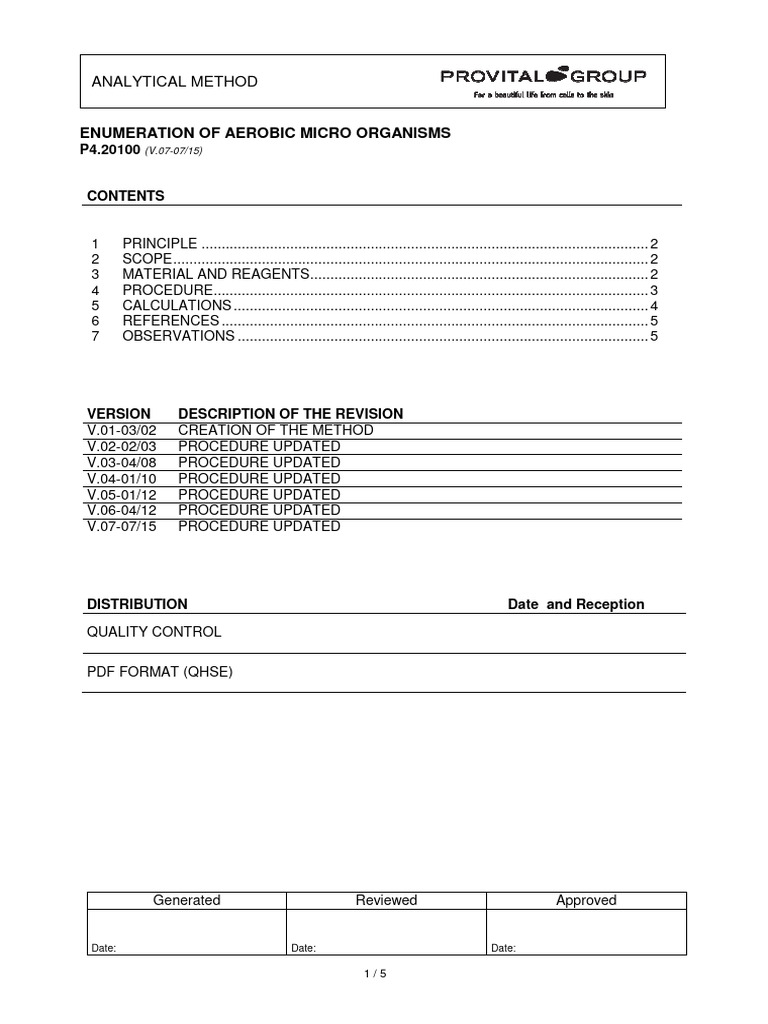 P4.20100vi Aerobic Plate Count (v.07 07-15) | PDF | Colony Forming Unit ...