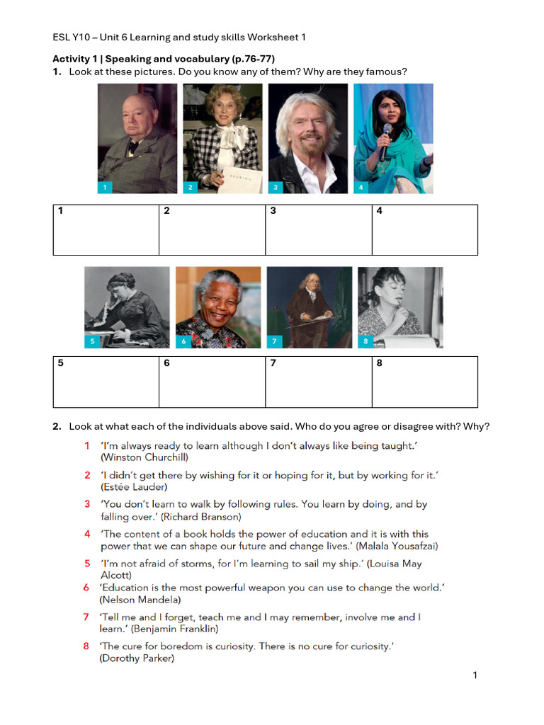 ESL Y10 Unit 6 Study Skills Worksheet | PDF