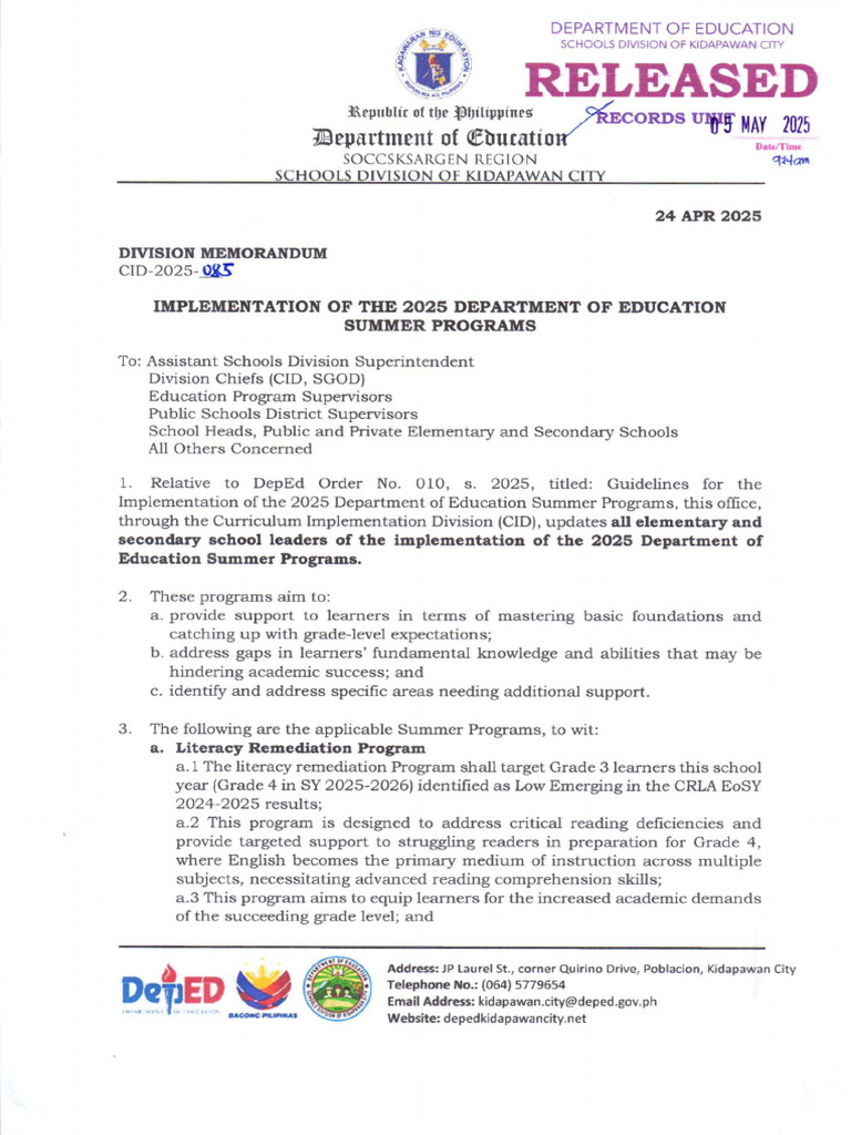 DM - CID - 2025 - 085 - Implementation of The 2025 Department of ...